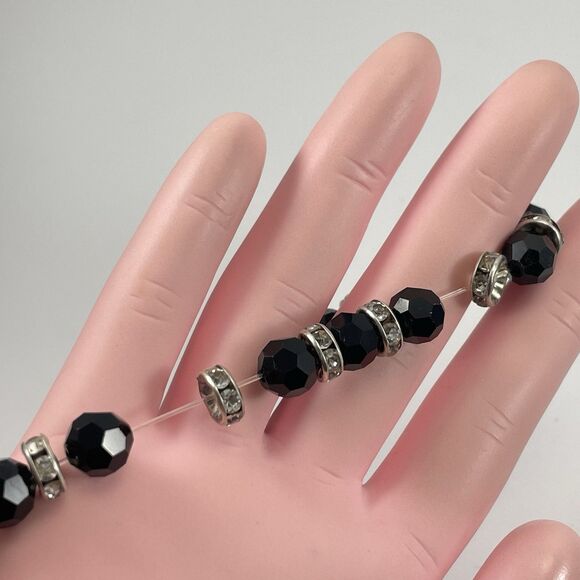 Black Glass Beaded Rhinestone Spacer Stretch Bracelet Boho Fashion Statement - Picture 4 of 6